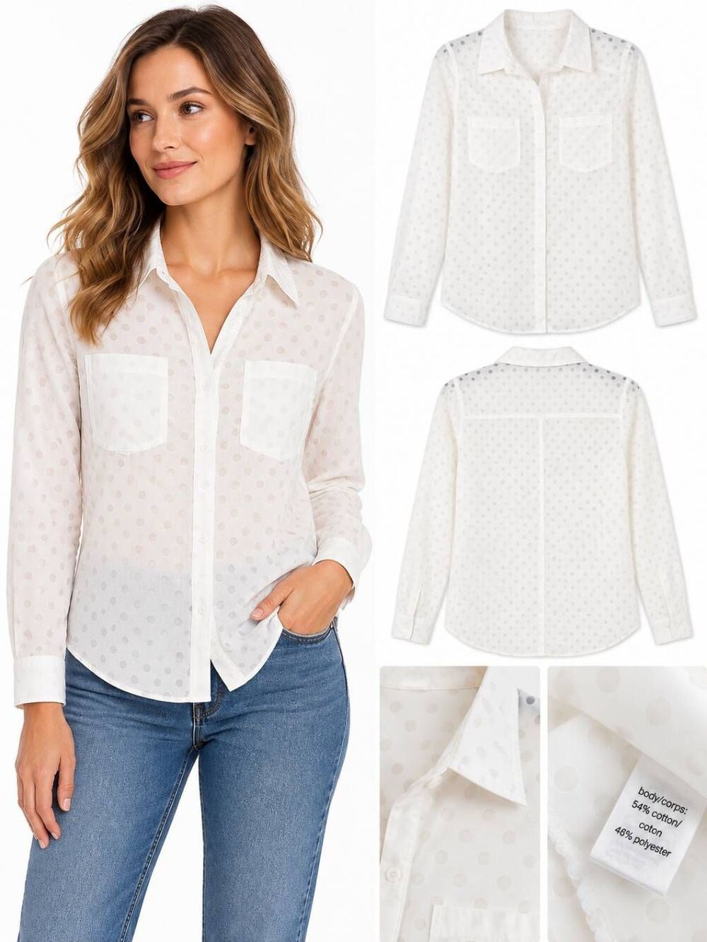 Maurices L White Polka Dot Sheer Button Down Blouse